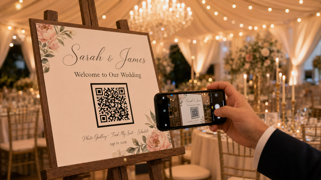 Wedding guest scanning a OneQR code at the welcome table.