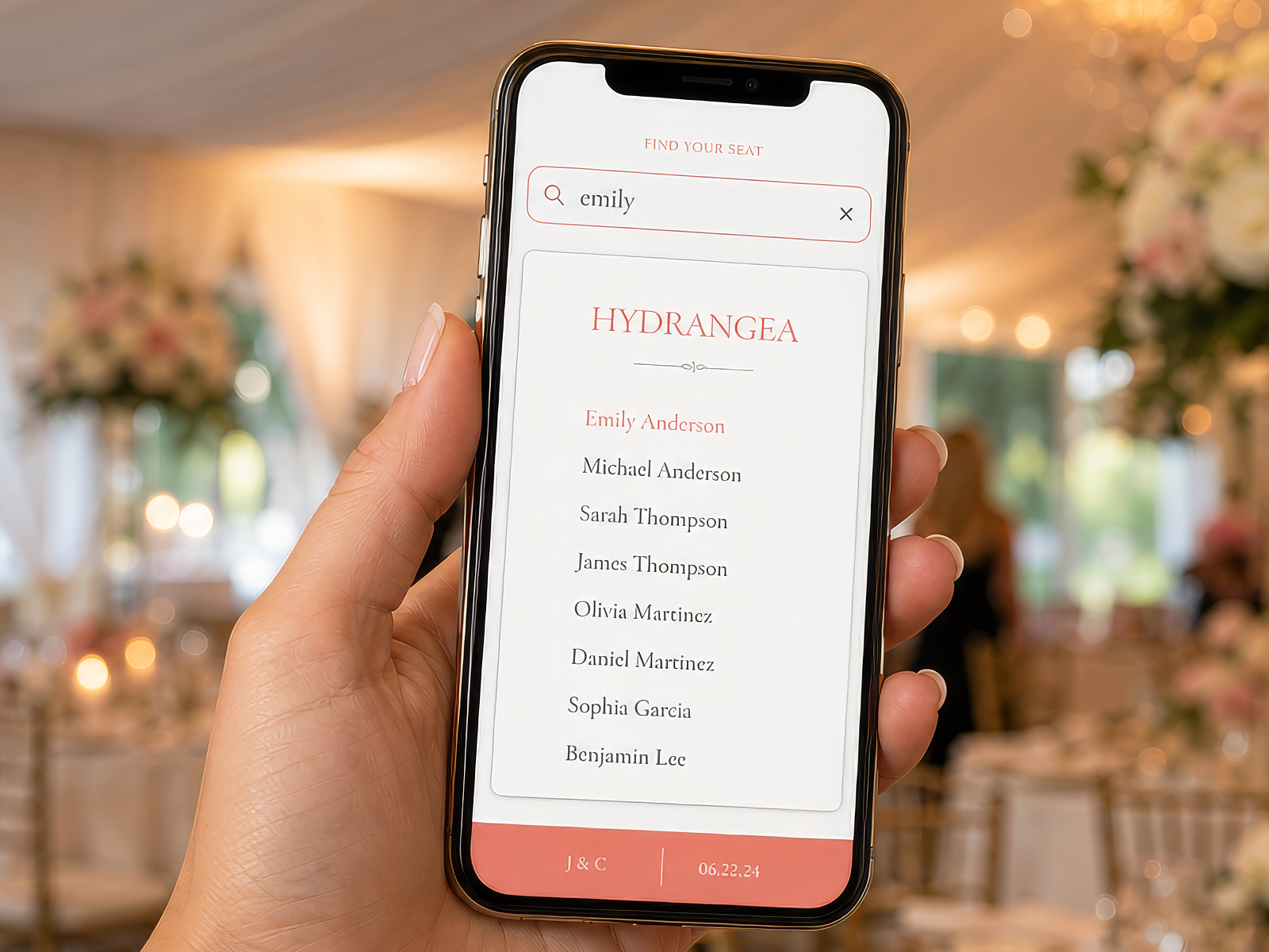 Wedding guest using OneQR Find My Seat to locate her table at a tent reception.
