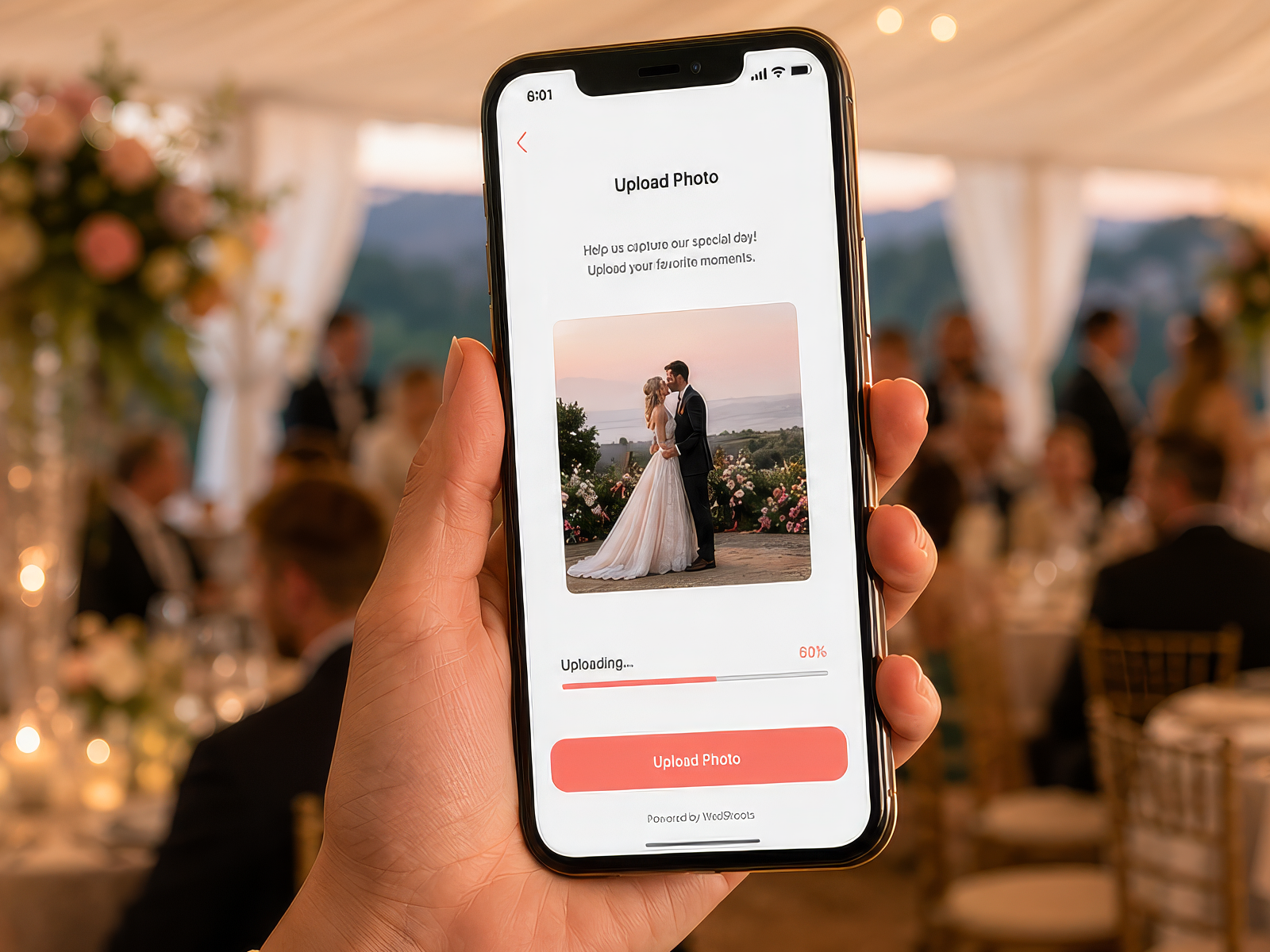 Wedding guest uploading photos from her phone to the OneQR private gallery.
